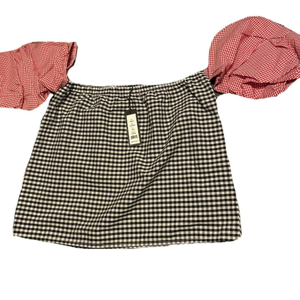 Gingham Top Romeo Juliet Ladies Size Medium Puff Sleeves Blouse Off Shoulder